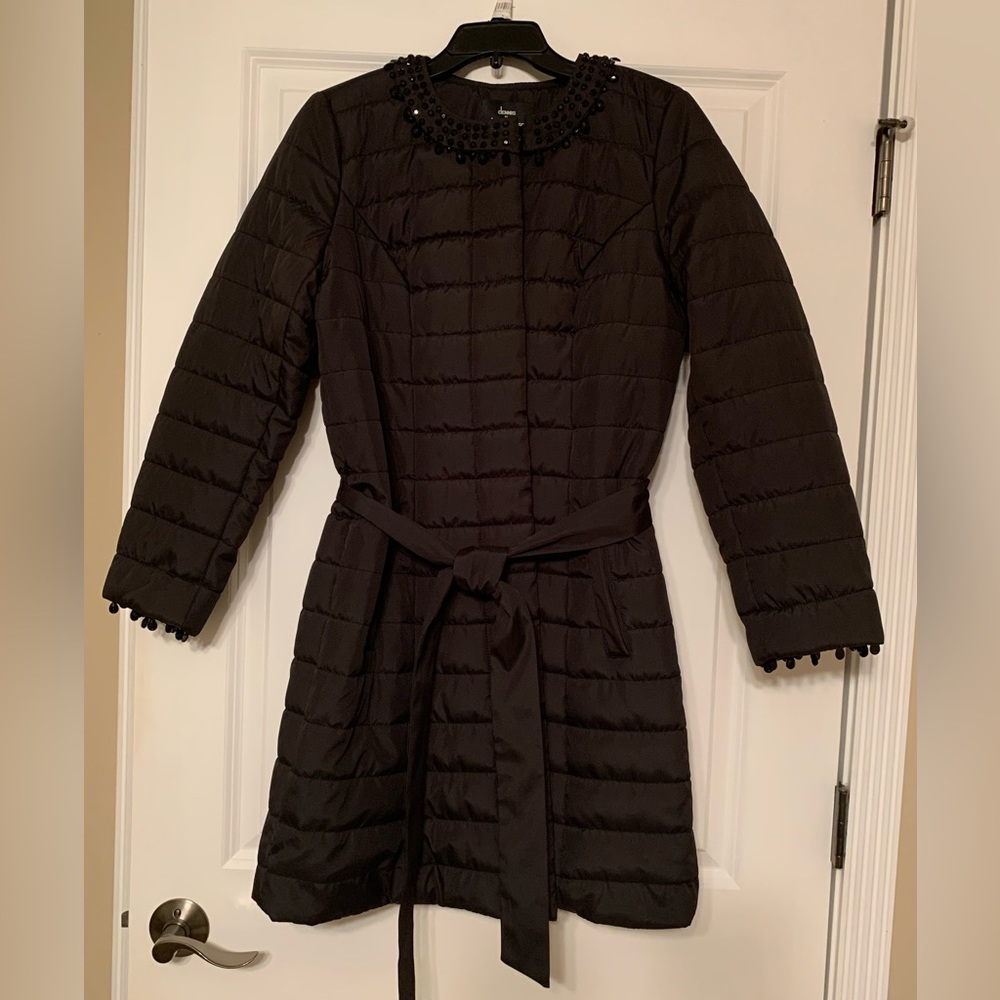 NWT Dennis Basso Coat Women Small Black Puffer Casual Thigh Length Tie Belt